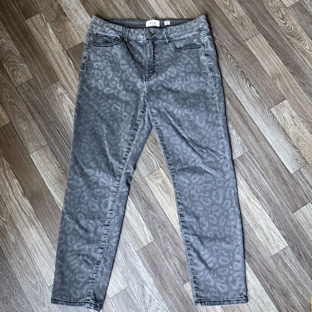 Miss Me Womens Size 30 Leopard Print Jeans Grey Acid Wash Mid Rise Ankle Skinny